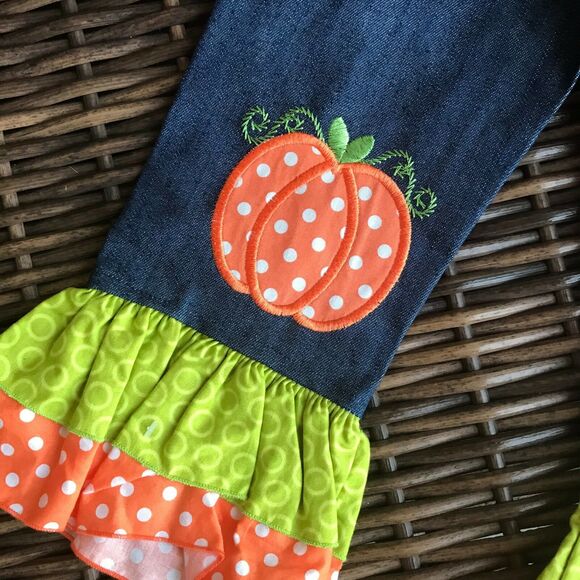 Girls Hand Made Jeans Size 3 4 Pumpkin Ruffle Blue Orange Green Handmade - Picture 2 of 6
